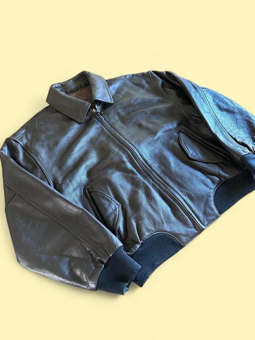 Vintage Black Leather Military Flight Bomber Jacket Removable Collar Men’s L